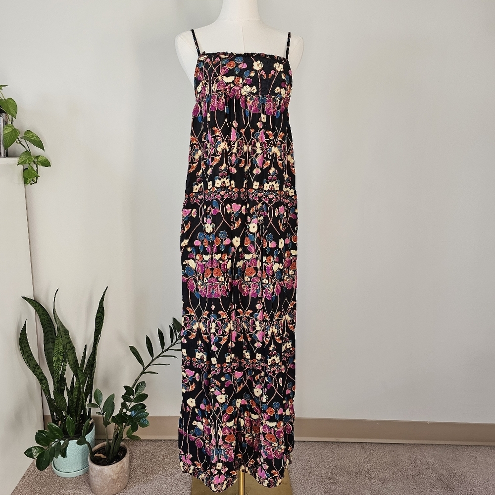 Anthropologie S quilted Black and Pink Floral Maxi Dress